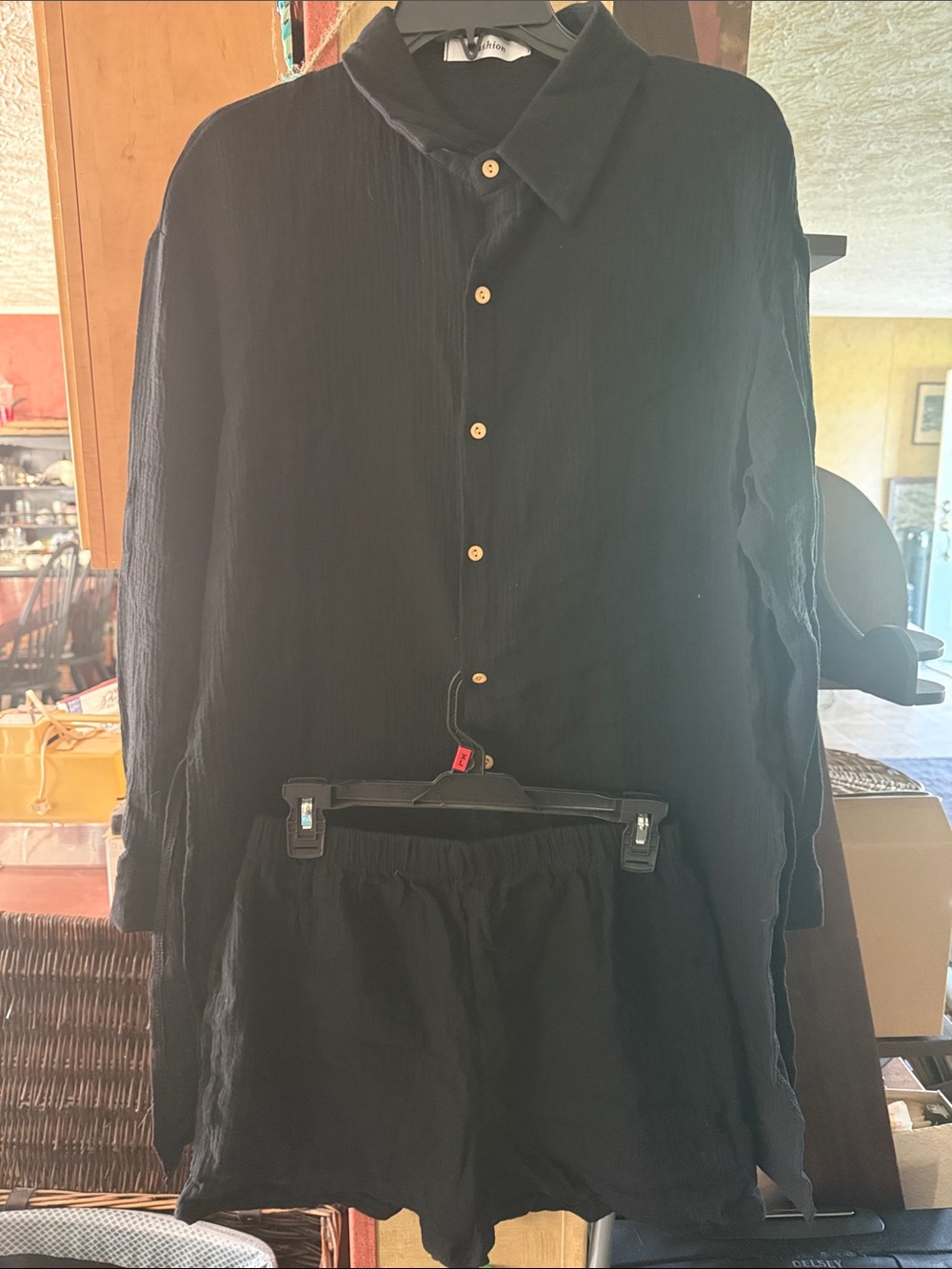 Black Button-Up Top and Shorts Set 0062